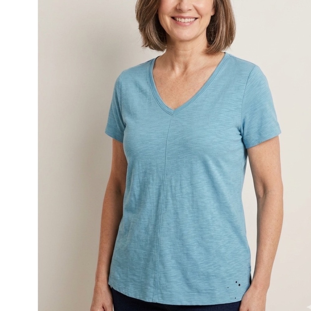 J. Jill Wearever Blue Slub Knit V-Neck Short Sleeve Top Women Pima cotton SzM